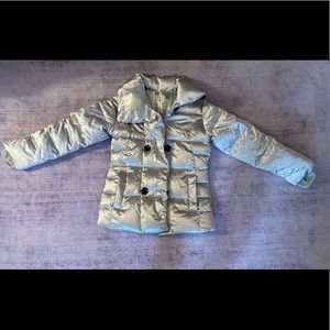 Lands End metallic silver puffer down jacket with button & zipper closure.